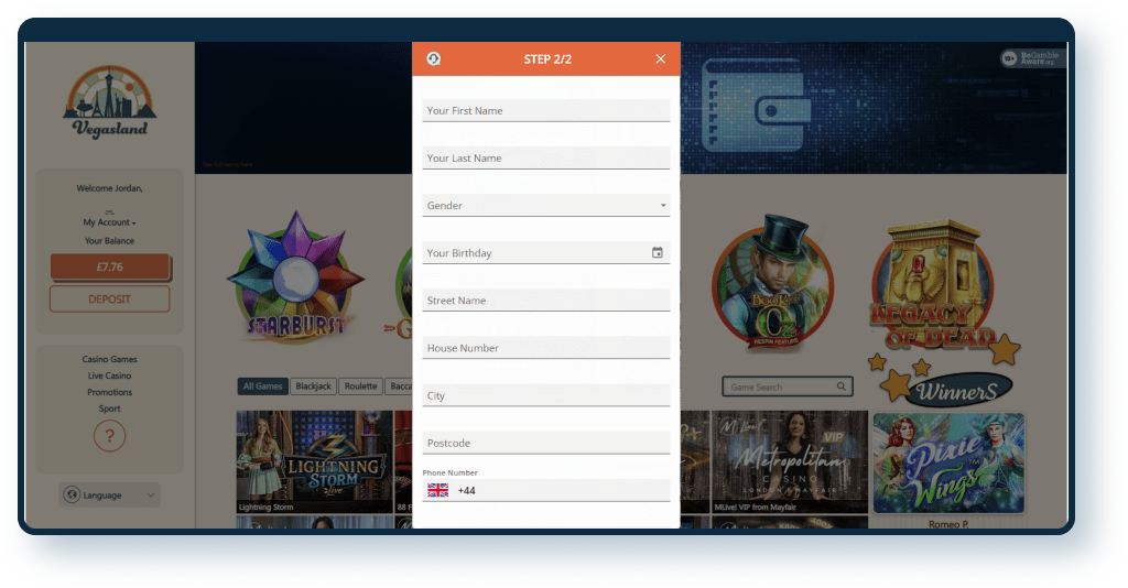 Vegas Land Casino Registration step 2