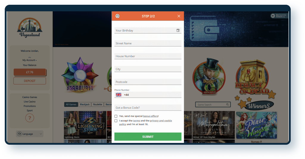 Vegas Land Casino Registration step 3