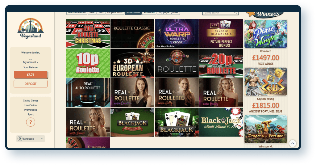 Vegas Land Casino Table Games