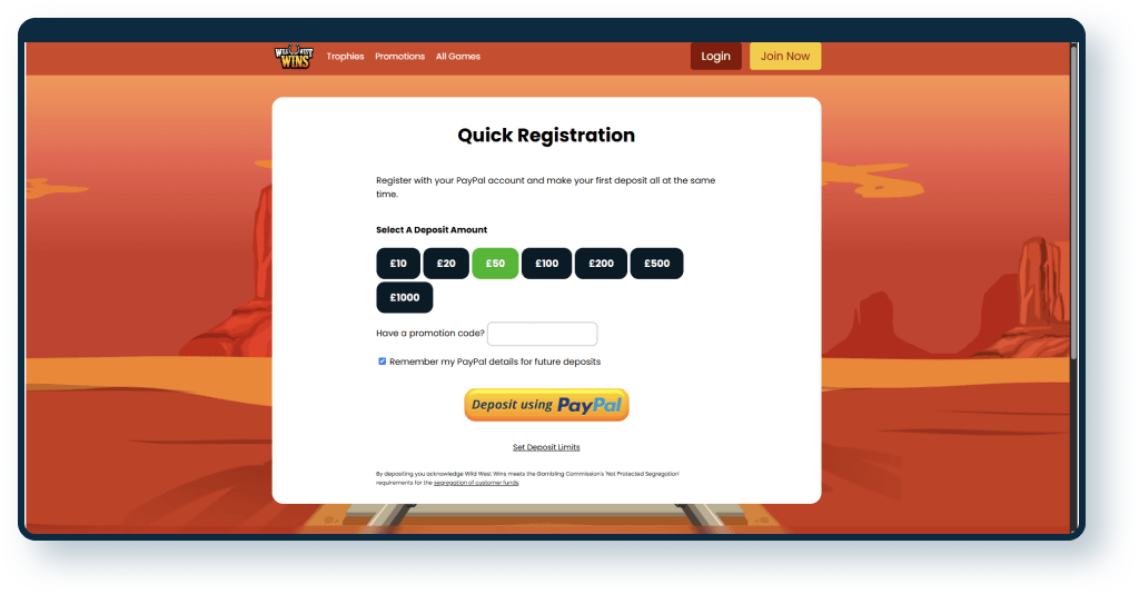 Wild West Wins PayPal Quick Registration