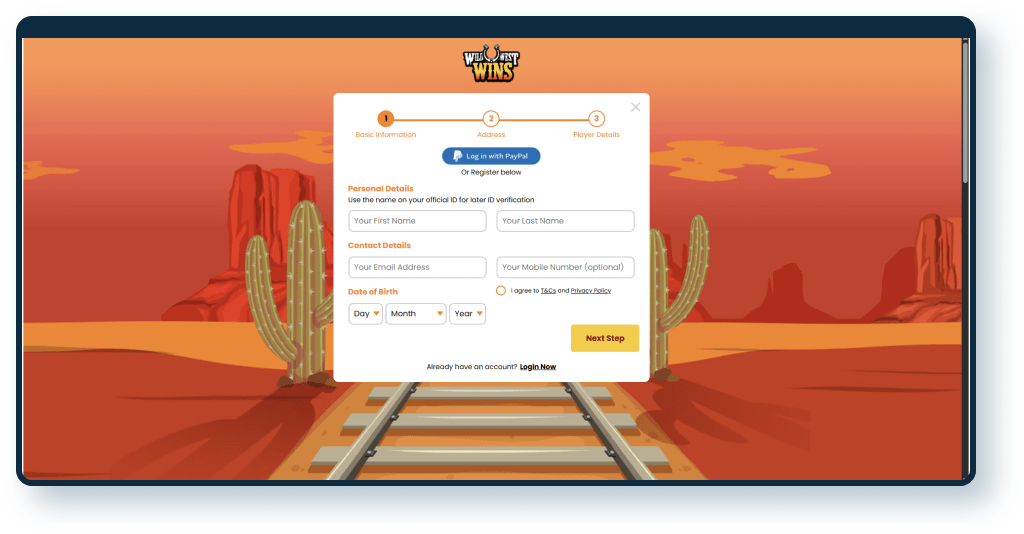 Wild West Wins Registration step 1