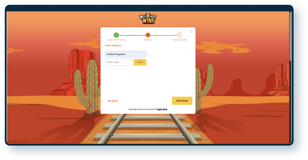 Wild West Wins Registration step 2