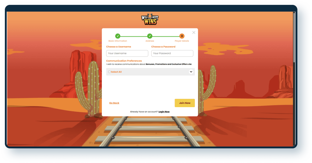 Wild West Wins Registration step 3