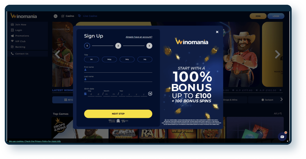 Winomania Casino Registration step 1