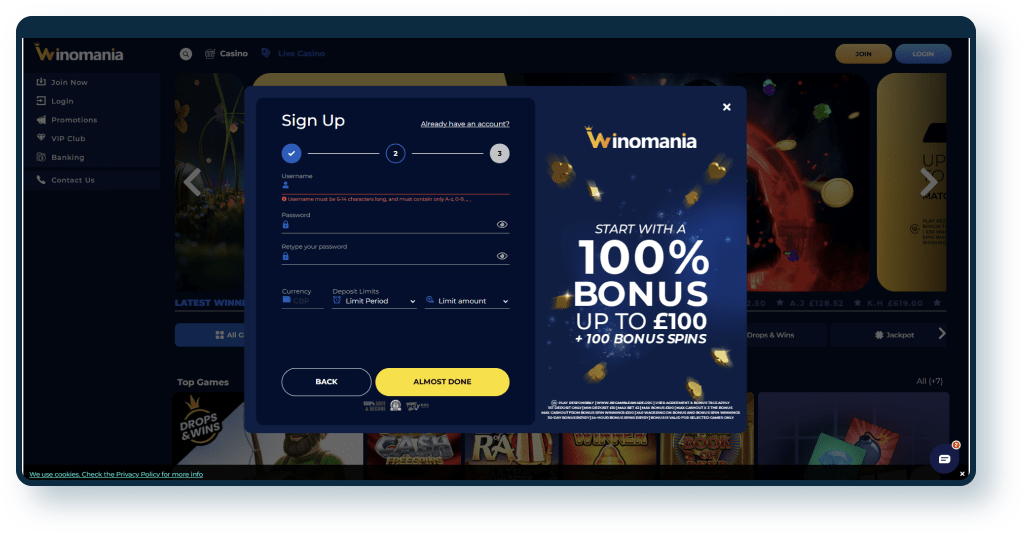 Winomania Casino Registration step 2