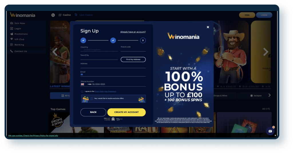 Winomania Casino Registration step 3