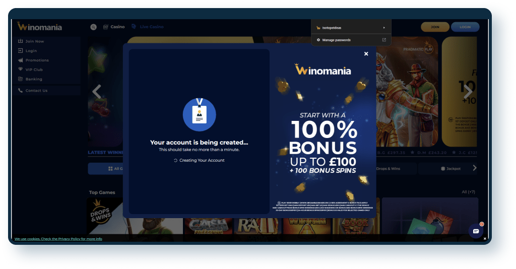 Winomania Casino Registration step 4