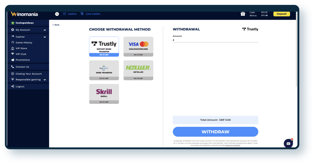 Winomania Casino Withdrawal