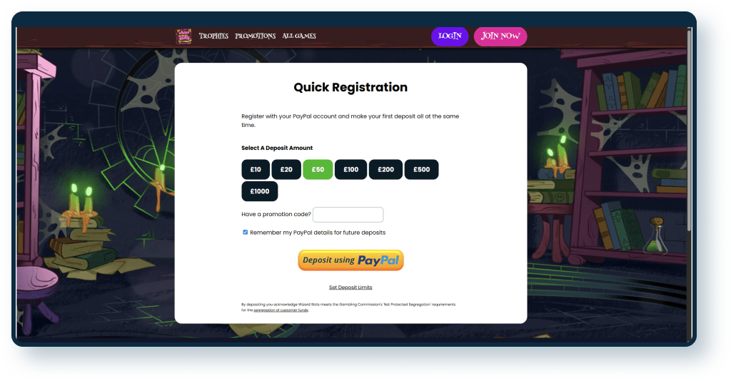 Wizard Slots Paypal Quick Registration