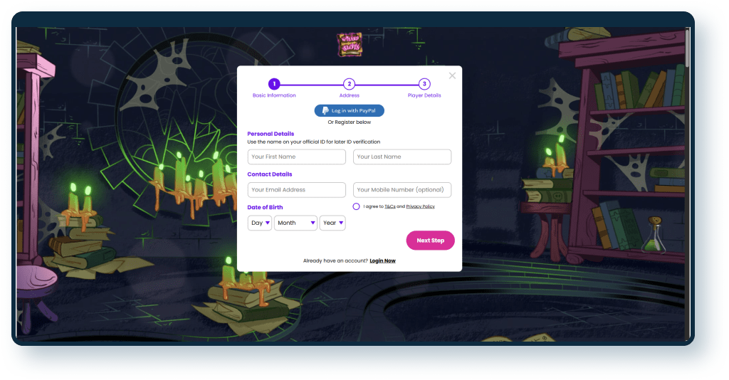 Wizard Slots Registration step 1