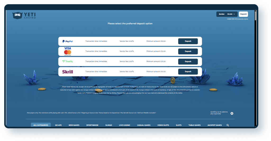 Yeti Casino Deposit step 2