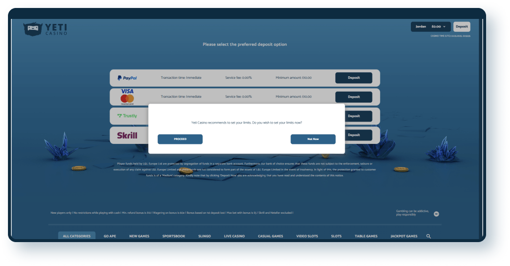 Yeti Casino Deposit step 1