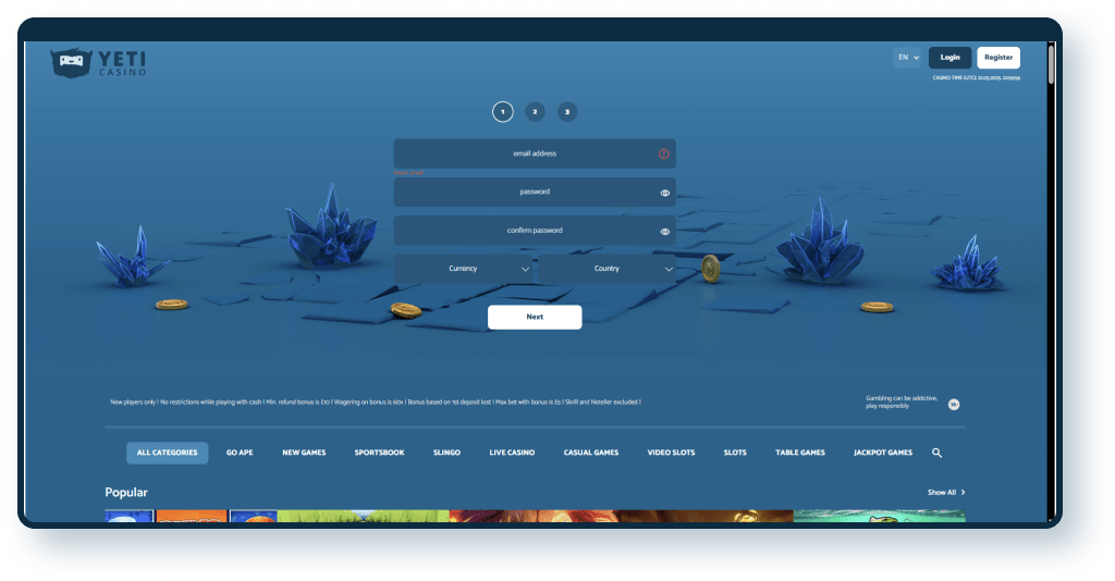 Yeti Casino Registration step 1