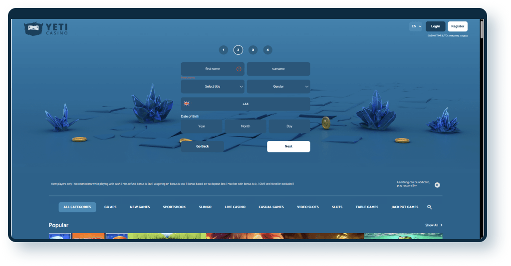 Yeti Casino Registration step 2