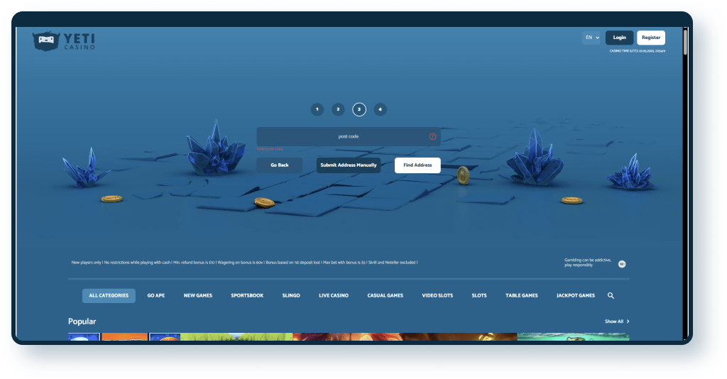 Yeti Casino Registration step 3
