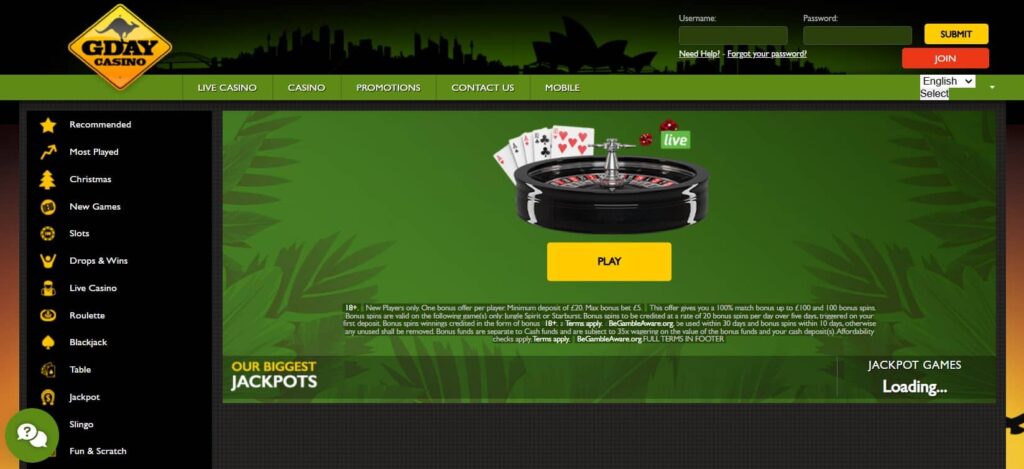 GDay Casino Login Page