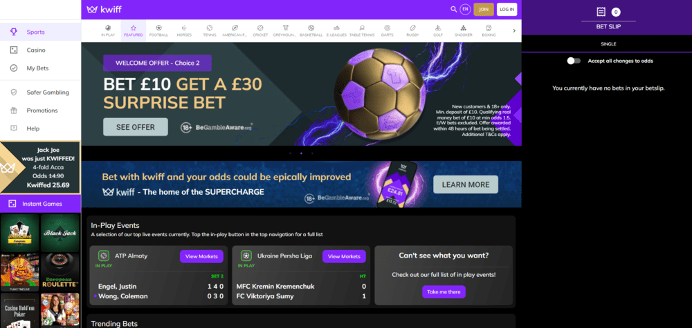 kwiff betting homepage