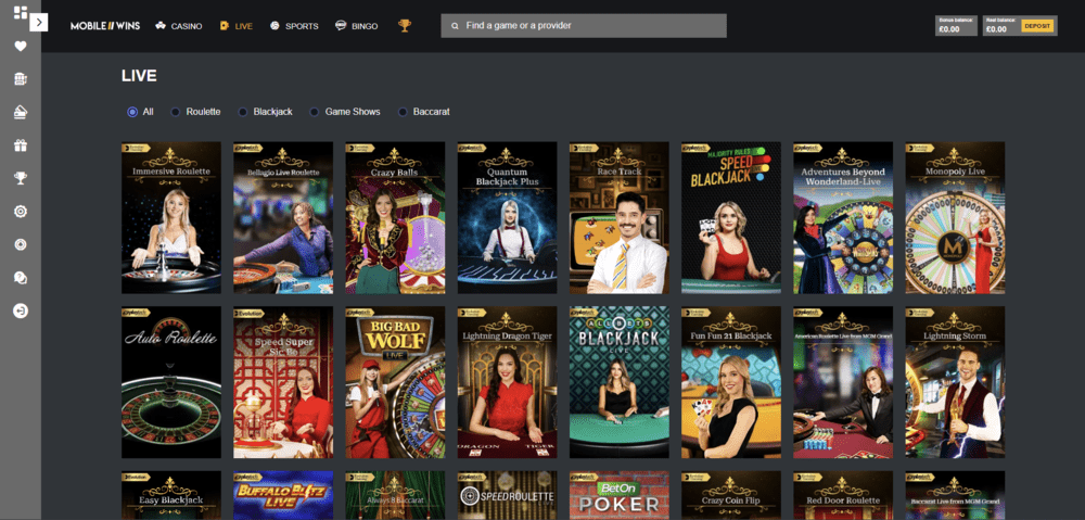 mobile wins live casino games