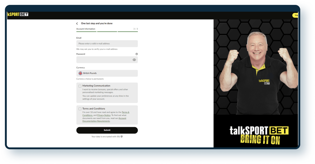 talkSPORT BET Registration step 1