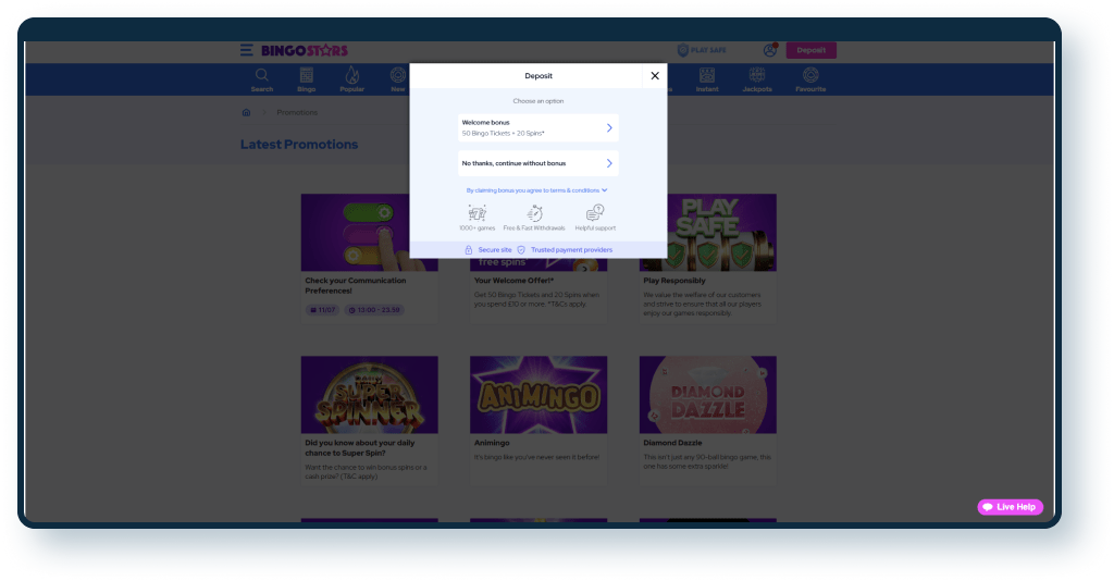 Bingostars Deposit step 1