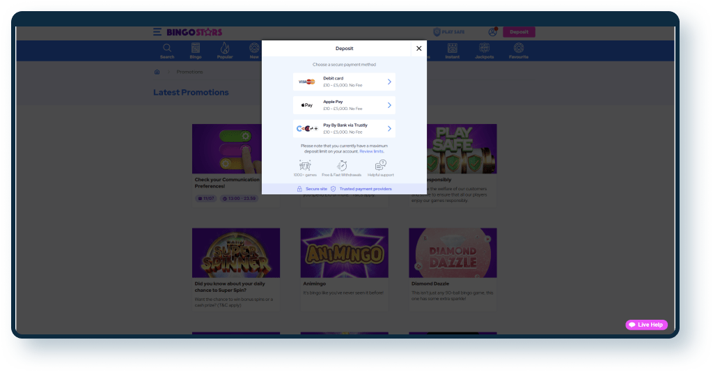 Bingostars Deposit step 2