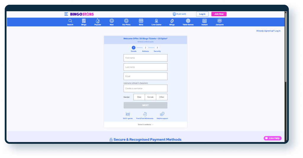Bingostars Registration step 1