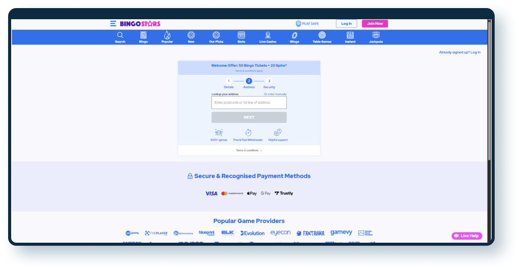 Bingostars Registration step 2