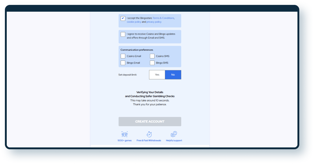 Bingostars Registration step 4