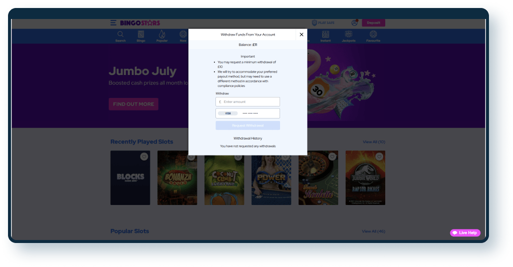 Bingostars Withdrawal step 1