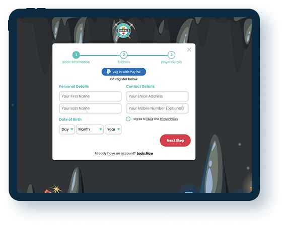 Bonanza Slots Registration step 1