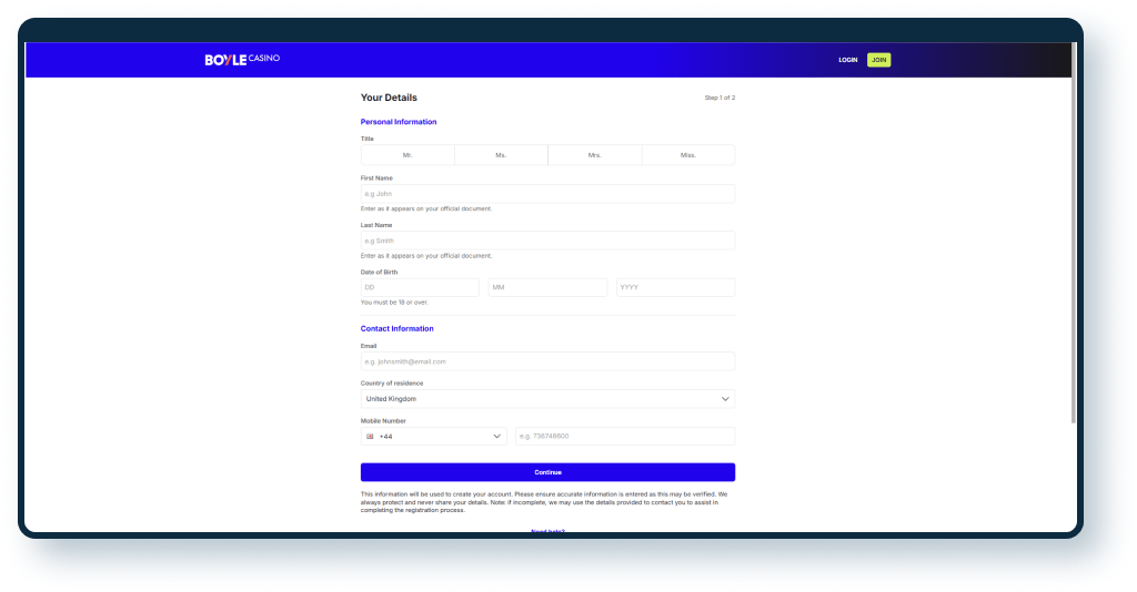 BoyleSports Registration step 1