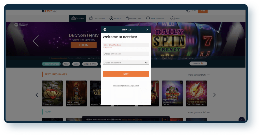 Bzeebet Registration step 1
