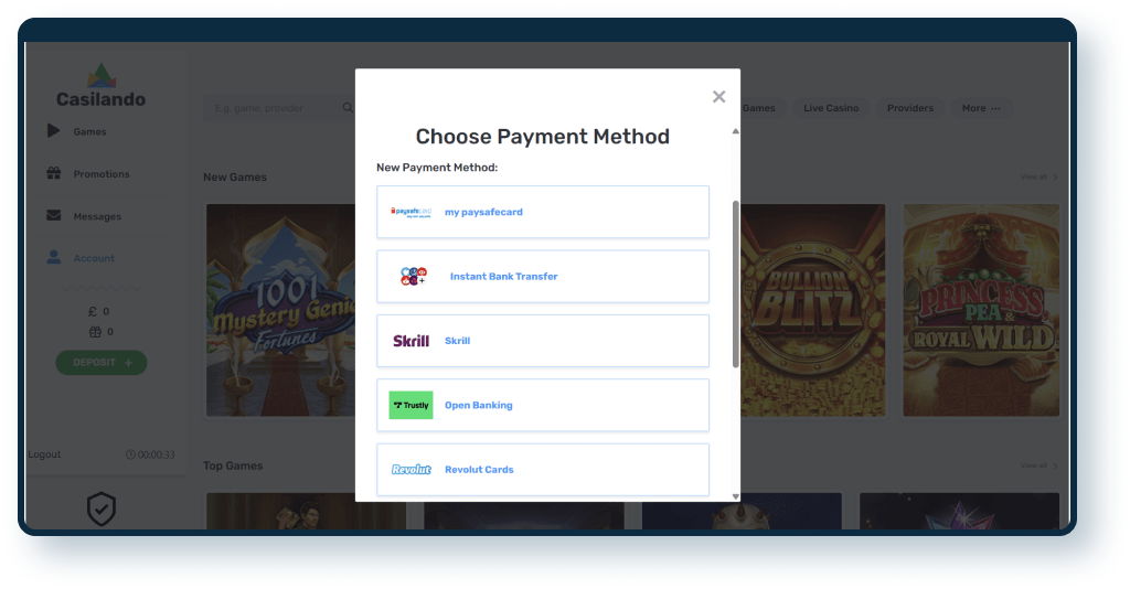 Casilando Deposit step 1