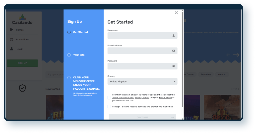 Casilando registration step 1