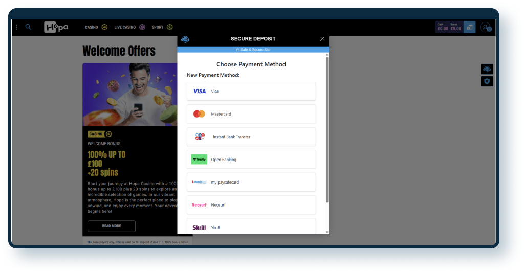 Hopa Casino Deposit step 1