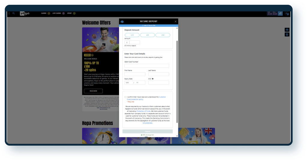 Hopa Casino Deposit step 2