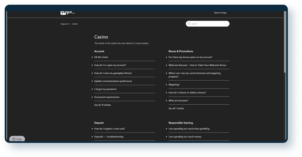Hopa Casino FAQ page