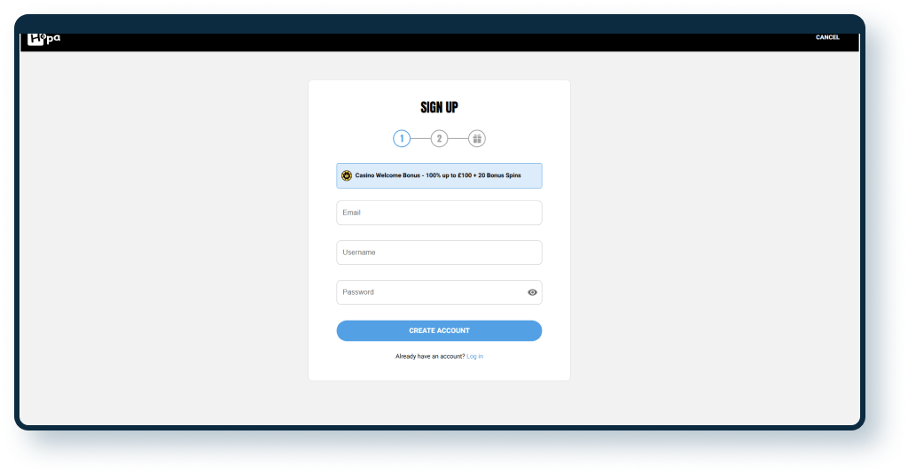 Hopa Casino Registration step 2