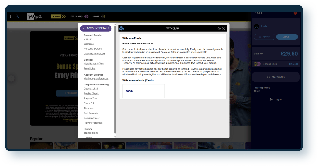 Hopa Casino Withdrawal step 1