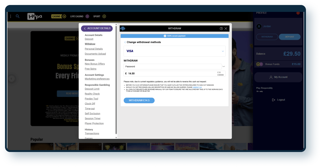 Hopa Casino Withdrawal step 2