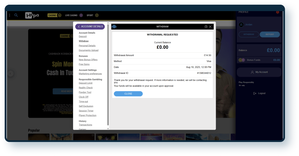 Hopa Casino Withdrawal step 3