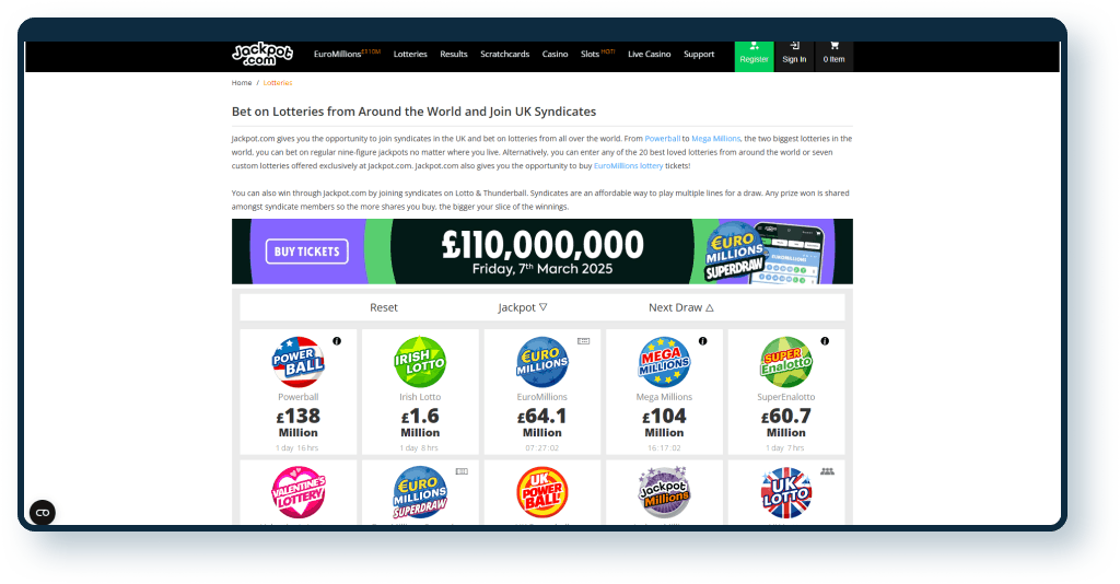 JackpotCom Casino Lotteries Page
