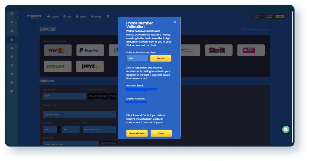Monster Casino promotion code and payment methods