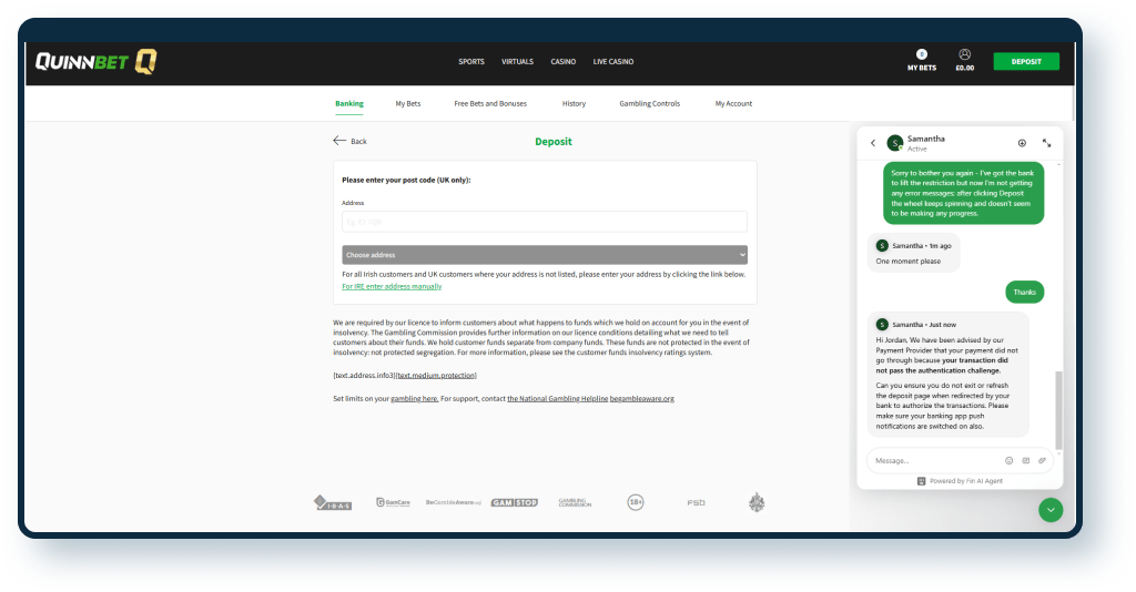 QuinnBet Live Chat Support Interface