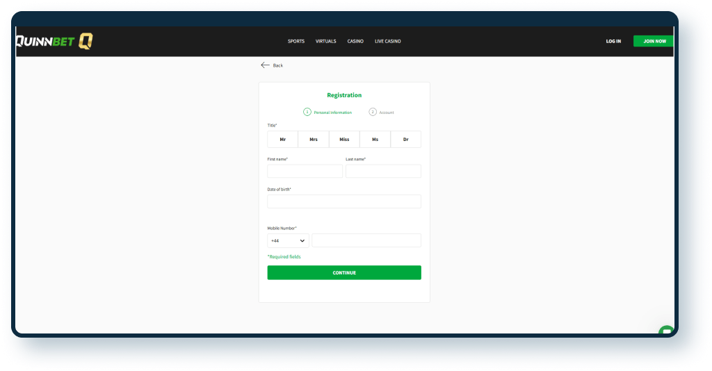 Screenshot of the QuinnBet casino registration form interface