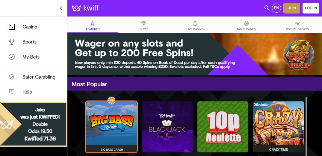 Kwiff Casino Main Page
