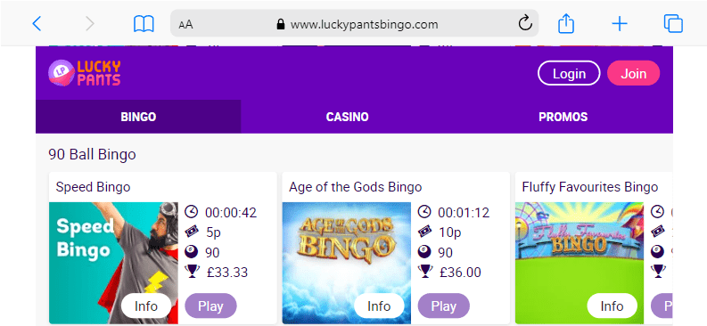Lucky Pants Bingo - £5 Minimum Deposit Website with 90 Ball Bingo