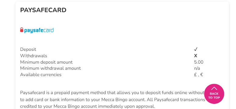 Mecca Bingo Accept £5 deposit via Paysafecard