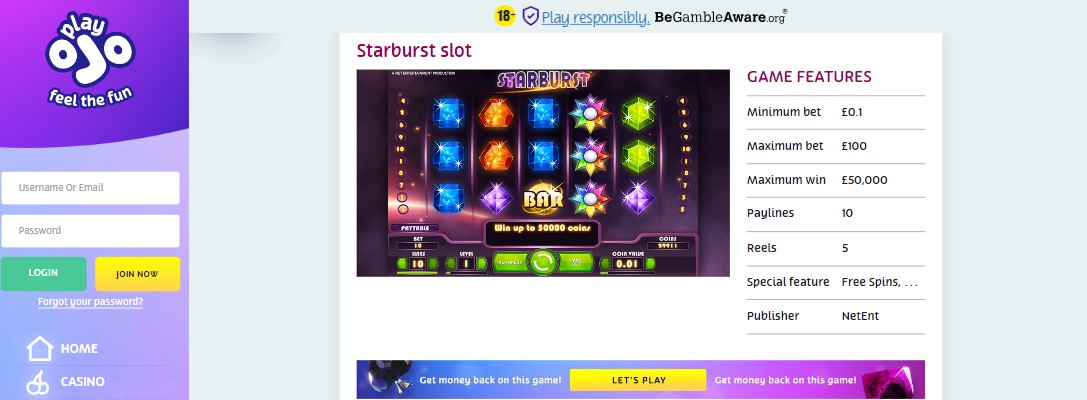 play starburst slot machine at playojo