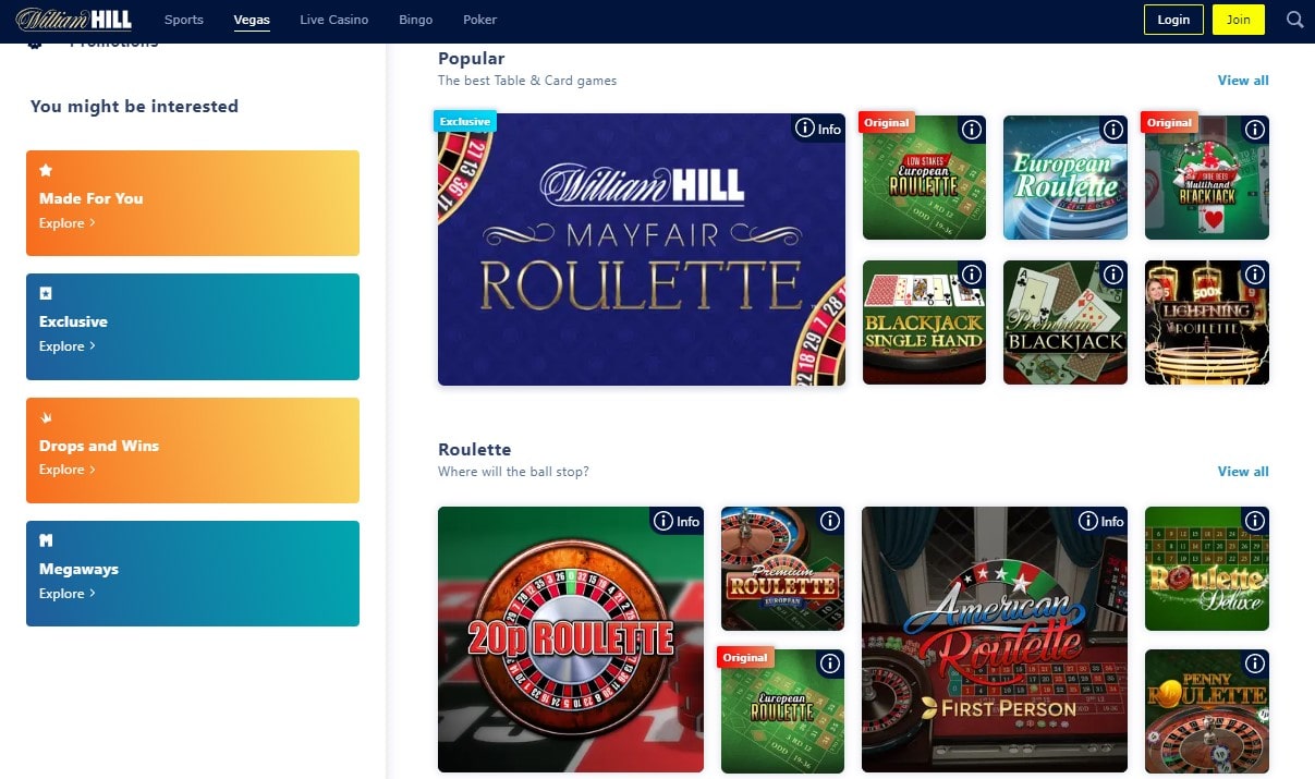 william hill table games